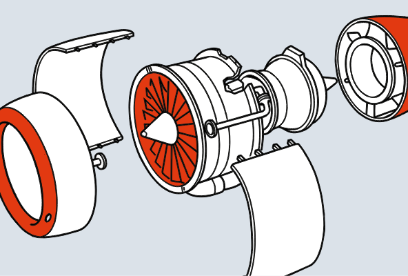 Illustration of a de constructed airplane engine