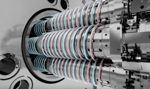 The inside of a CNC machine close up