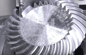 A metal component being machined close-up