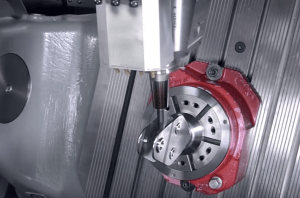 A metal component being machined close-up