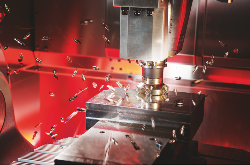Close up of Hermle machine machining a metal component