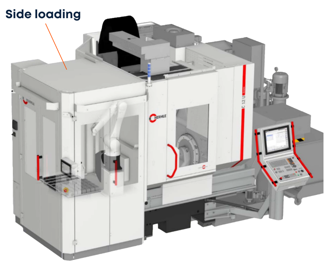 Hermle machine with a tag showing the side loading area
