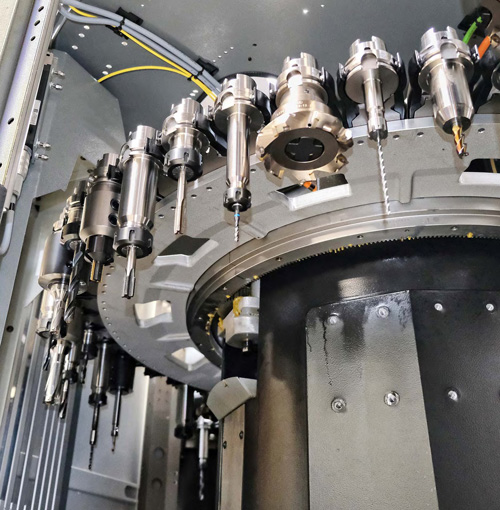 Close-up of a CNC machine in action