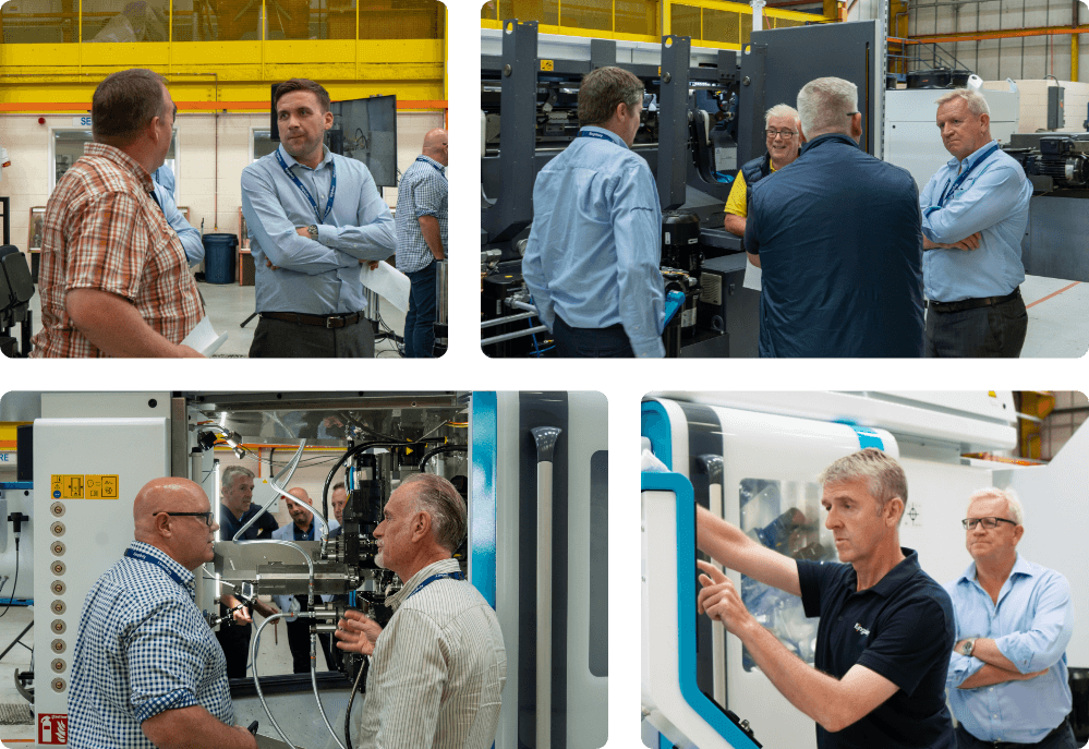 Collage of images of engineers and Kingsbury employees next to machines