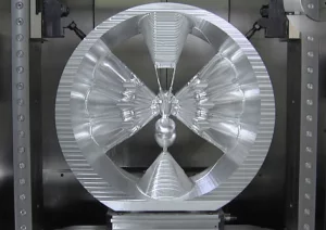 A metal component being machined close-up