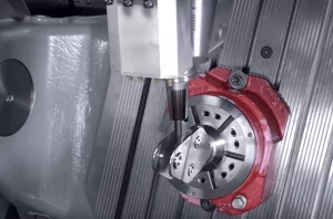A metal component being machined close-up