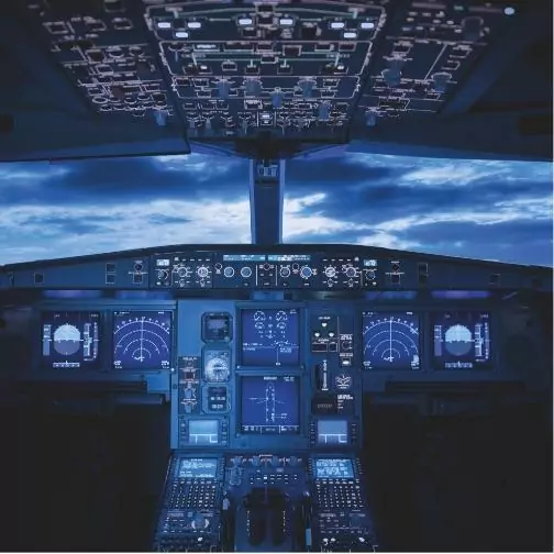 The cockpit of an aeroplane whilst in the sky