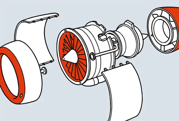 Illustration of a deconstructed airplane engine