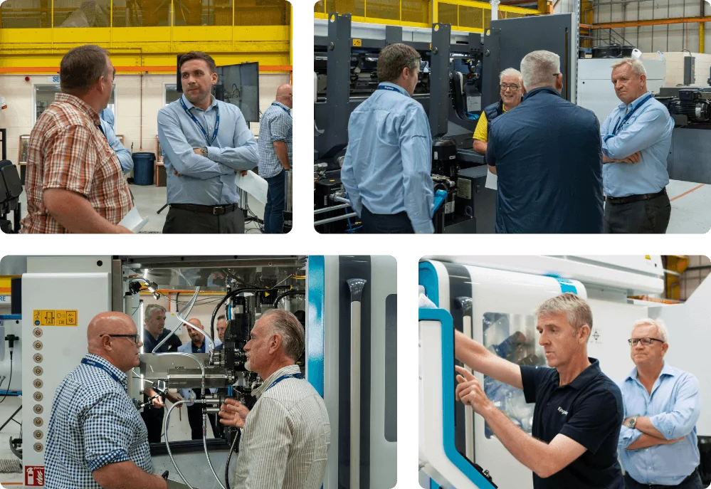 Collage of images of engineers and Kingsbury employees next to machines