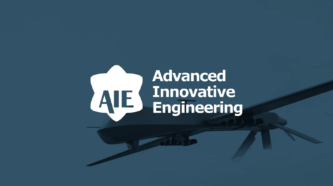 An aerocraft in the sky overlaid with the AIE logo